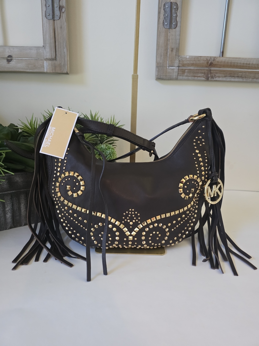 Michael Kors Rhea Studded  Shoulder/Crossbody Dark Chocolate Leather Fringe-New